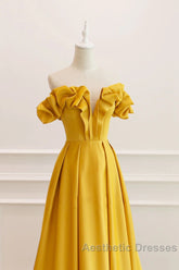 Yellow Satin A-Line Sweetheart Off Shoulder Party Dresses, Yellow Long Evening Prom Dresses